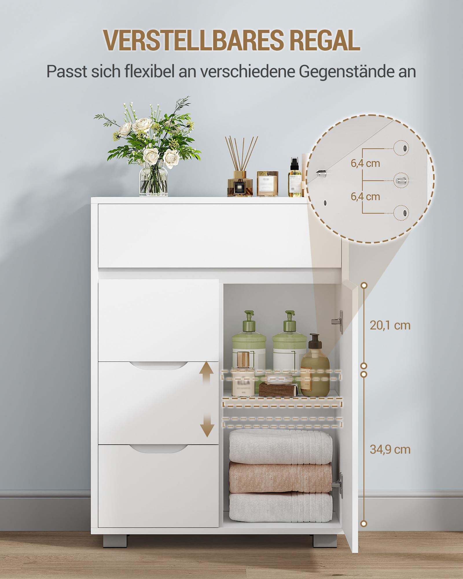 Hzuaneri Badezimmerschrank, Badschrank mit Verstellbare Ablage, Kommode mit 4 Schubladen und 1 Schranktür, Modern, für Wohnzimmer, Badezimmer, 30 x 55 x 82 cm Weiß SC05503X