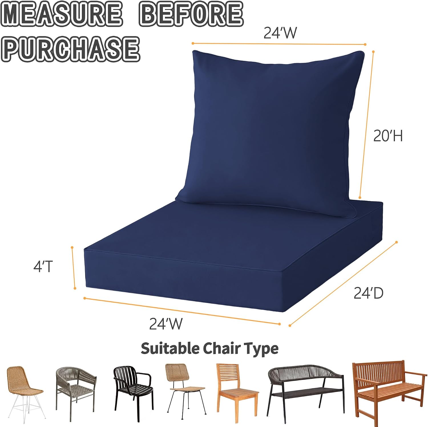 Outdoor Deep Seat Cushion Set,24x24 Inch Chair Cushions Set of 2,Rocking Chair Pad Fade Resistant Patio Cushions with Removable Cover Deep Seat Back Cushion with Straps for Chair Sofa Couch Navy