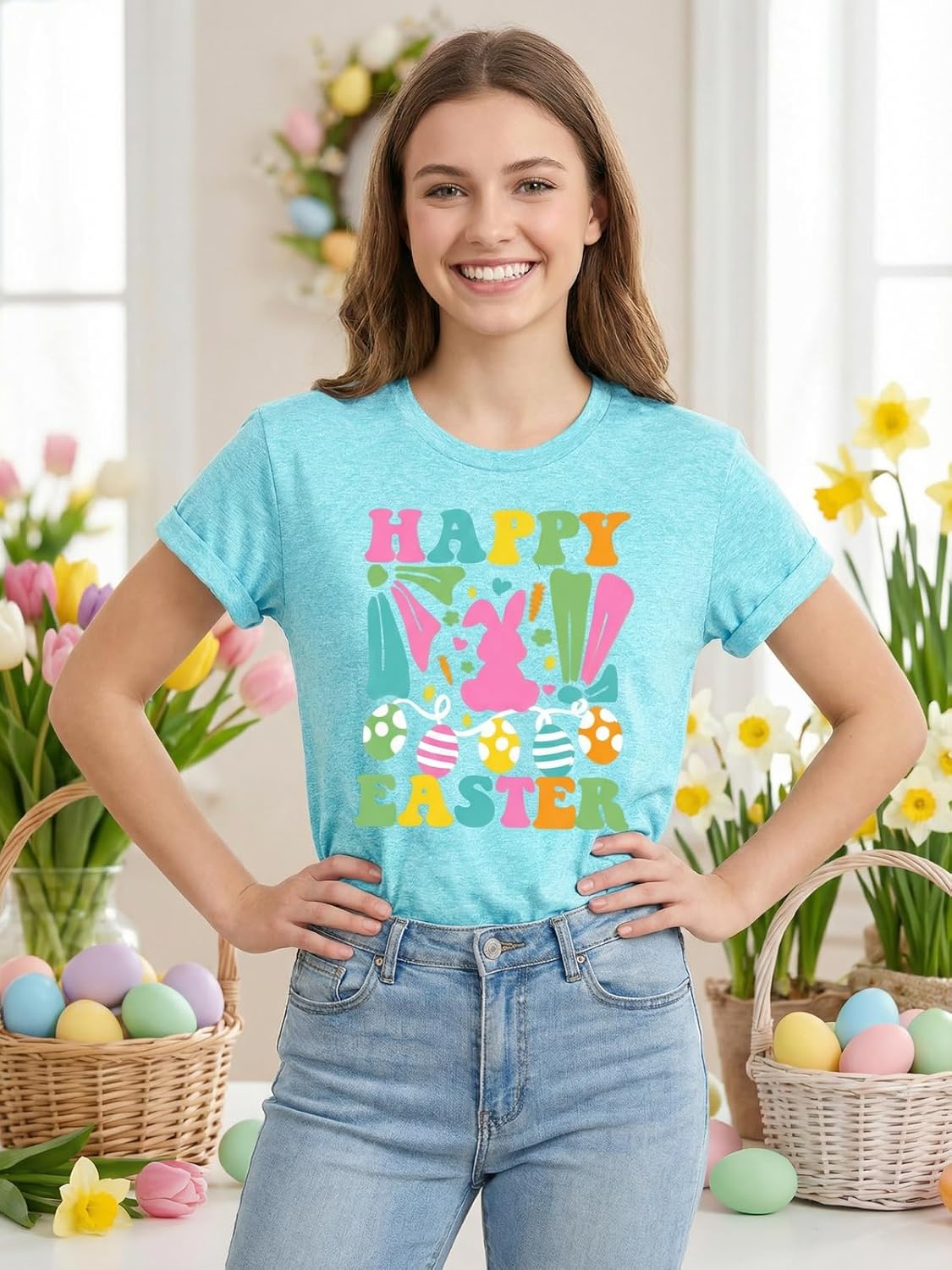 Easter Shirts for Women Happy Bunny Shirt Easter Eggs Printed Tshirt Floral Rabbit Holiday Graphic Tee - Image 3