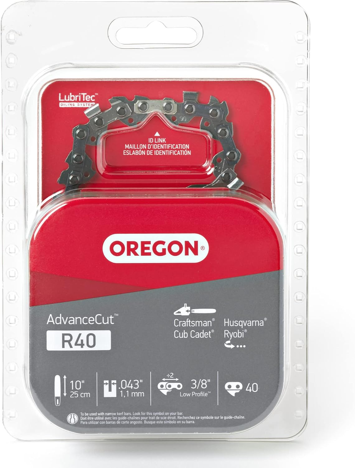 Oregon R40 AdvanceCut Chainsaw Chain for 10-Inch Bar – 40 Drive Link Replacement Chainsaw Blade, .043 Inch Gauge, 3/8 Inch Pitch, fits Remington, Husqvarna, Ryobi and more,Gray