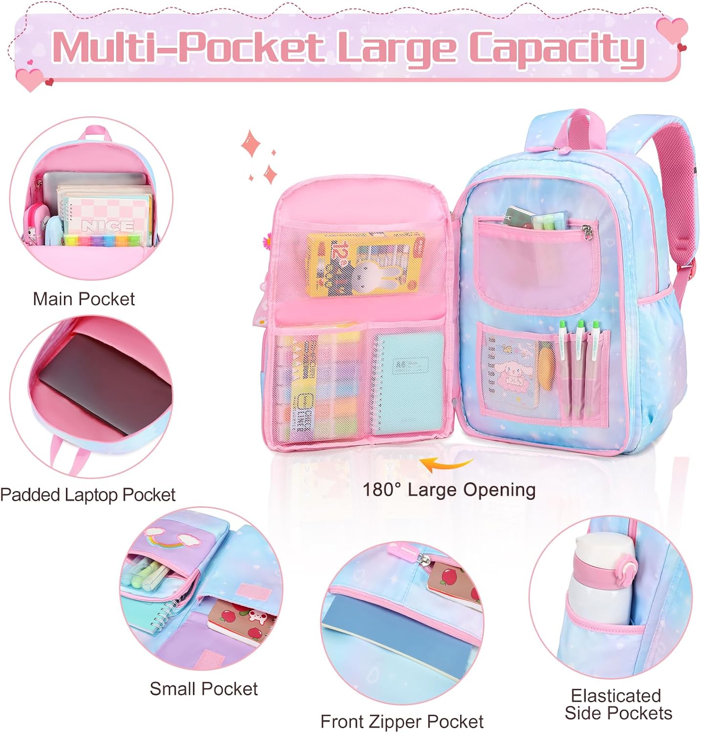 Rainbow School Backpack for Girls With Insulated Lunch Box and Pen Case Set - Kindergarten, Elementary, Middle School Book Bag for Children, Students image 3