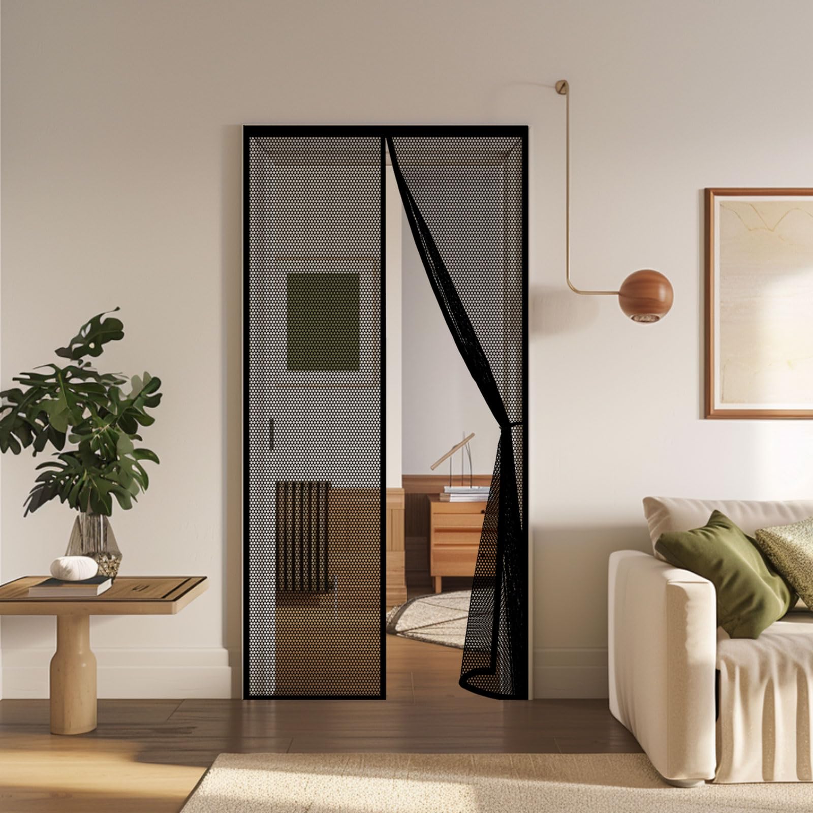 Fly Screens Doors 145 x 215 cm Powerful Magnets and Full Frame Magic Tape Anti Mosquito Mesh Fly Curtain Easy to Install Without Drilling for Patio Bedroom Sliding Kitchen, Black