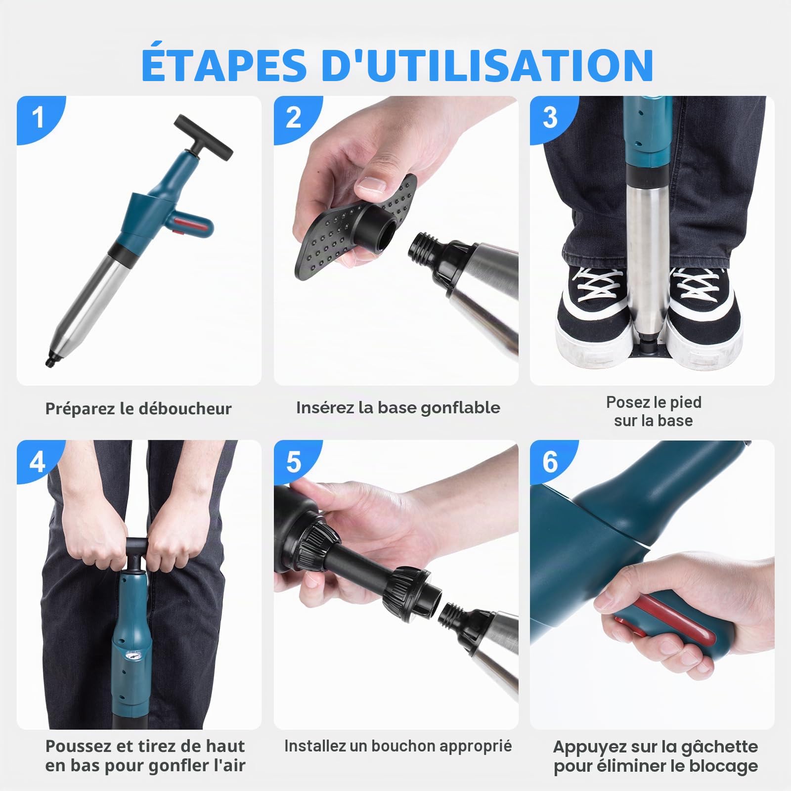 Déboucheur WC professionnel, Déboucheur de canalisations avec manomètre et pompe à air comprimé, 4 ventouses anti-éclaboussures avec crochet et spirale, pour toilettes, lavabos, baignoire, douche