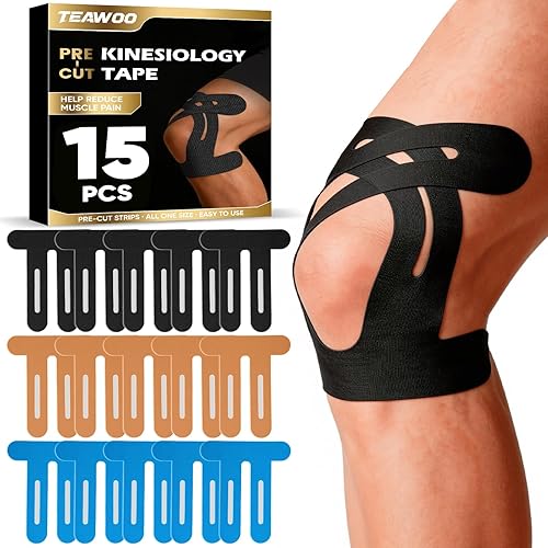 TEAWOO PreCut Kinesiology Tape for Knees, 15PCS Extra Adhesive Athletic