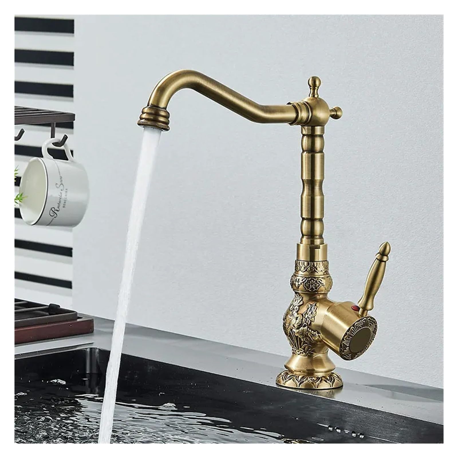 MXXQRHF Kitchen Faucets, Black Bronze Sink Faucet Retro Brass Basin Faucet 360 Degree Swivel Hot and Cold Mixer Faucet Deck Mount Single Hole Faucet (Antique brass High)
