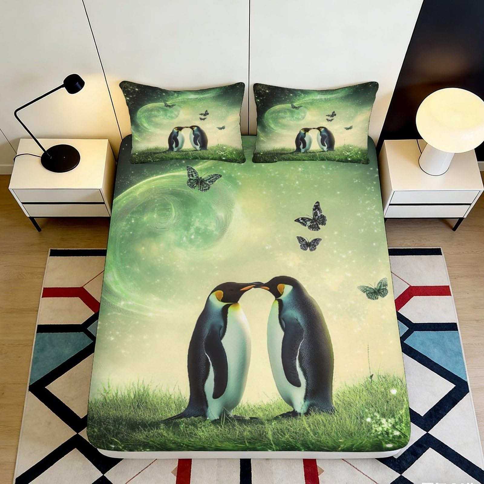 Pnayamiorkfel Style-6 3D Printed Penguin Aurora Fitted Sheet Microfiber Soft Mattress Cover For Bedroom Guest Room Easy Care Decor 90X200x25cm