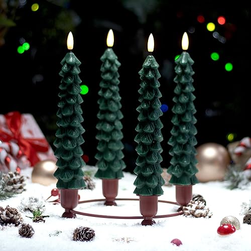 Miniatura 7 de 4 velas de árbol de Navidad sin llama con temporizador remoto, velas cónicas sin llama de cera real de 9.65 pulgadas, candelabros LED con llama