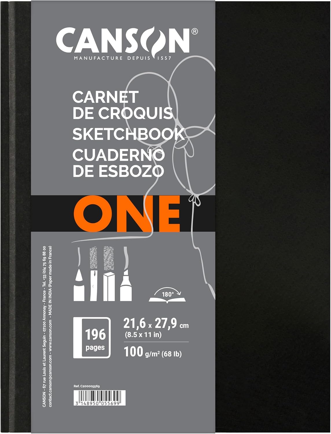 Canson ONE Hardbound Sketchbook: Smudge-Resistant 67lb Acid-Free Paper, 8.5x11 Inch, 98 Sheets for Students & Artists