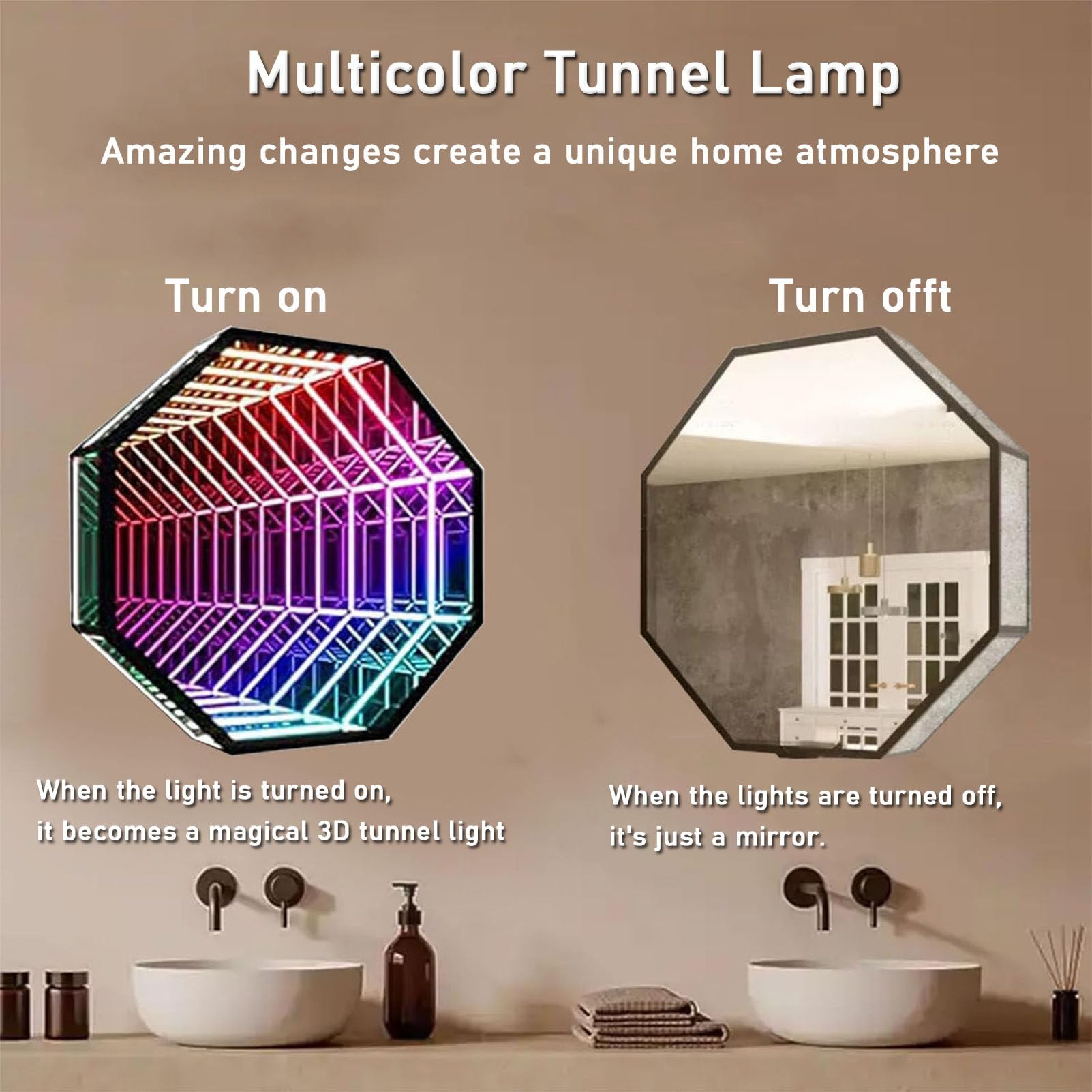 3D Infinity Mirror Lights, zmieniająca kolor lampa lustrzana LED Infinity Ośmiokątna wielokolorowa Infinity Mirror Tunnel Light z pilotem APP do domu (70cm)
