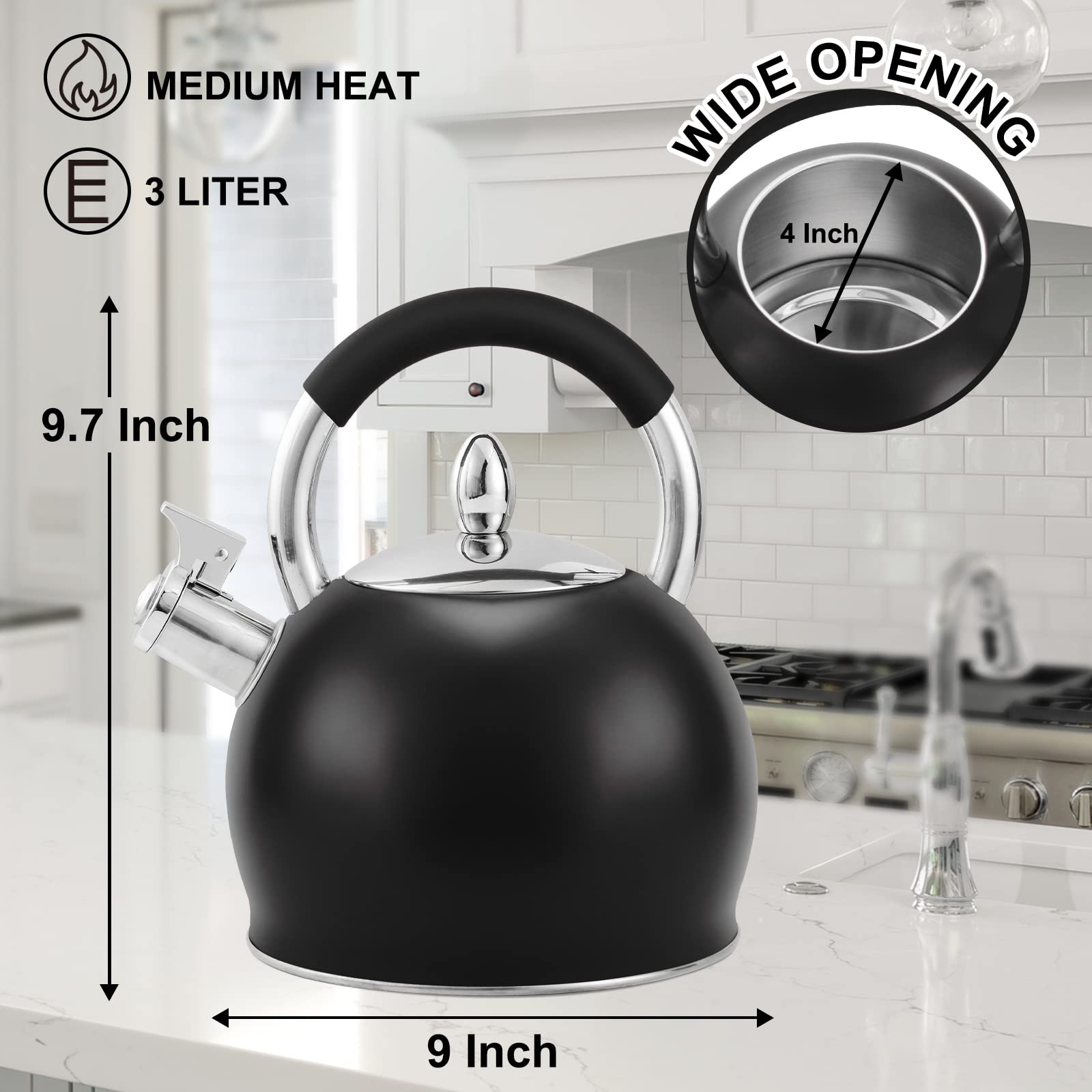 HRHongRui Whistling Tea Kettle for Stove Top Stainless Steel Tea Pot with Ergonomic Silicone Handle Teapot for Stovetop 3.2 Quart / 3 Liter Black