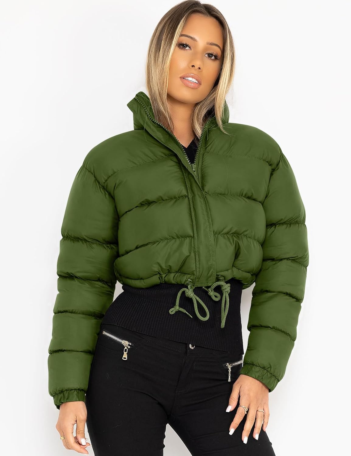 PEHMEA Women's Cropped Puffer Jacket Winter Warm Zip Up Stand Collar Short Down Bubble Coat with Pocket - Image 2