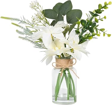 Velener Artificial Flowers with Stems Fake Flowers in Vase with Faux Water, Fake Plants for Home Decor, Office Kitchen Bathroom Farmhouse Living Room Coffee Table Faux Centerpieces for Tables-1 Pack