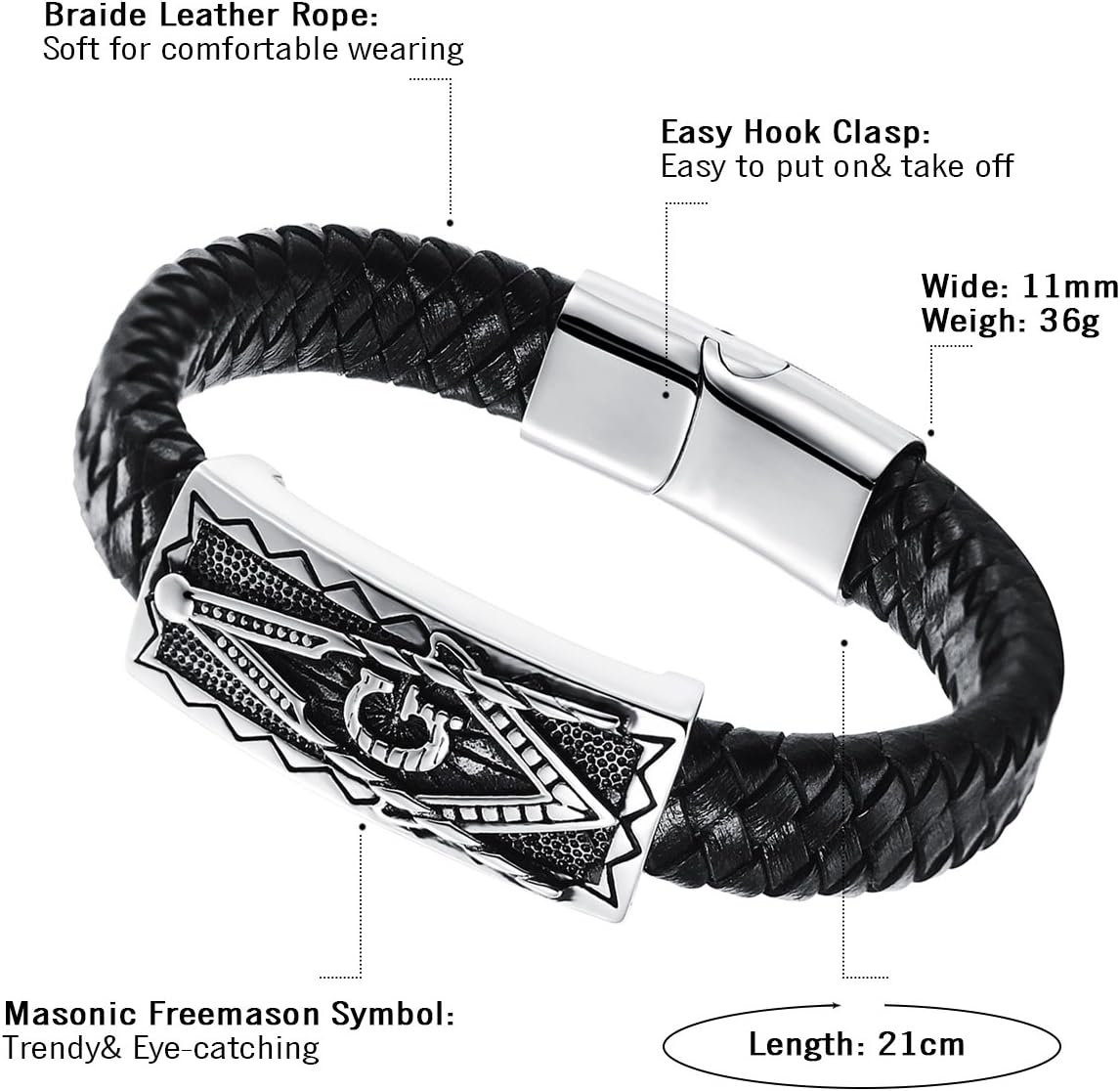 Cupimatch Mens Stainless Steel Masonic Freemason Leather Bracelet Cuff Bangle with Magnetic Clasp (Type 2) for Valentine's Day - Image 3