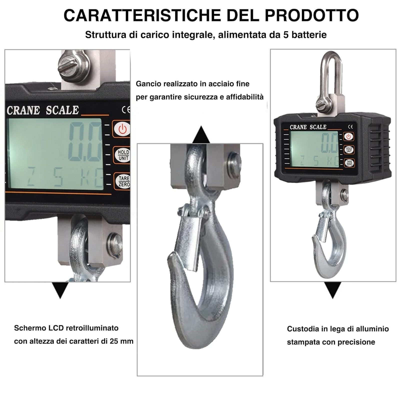 Voltix Balance de grue numérique rechargeable avec télécommande, 1000 kg - Balance à crochet Balance suspendue de haute précision pour une utilisation intensive (Noir)