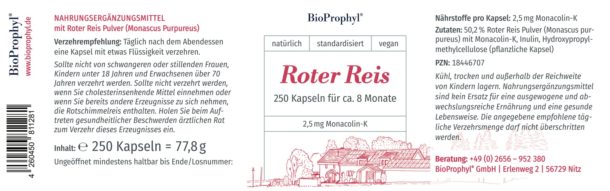 Roter Reis 2,5 mg Monacolin-K | 250 pflanzliche Kapseln für 8 Monate | frei von Citrinin