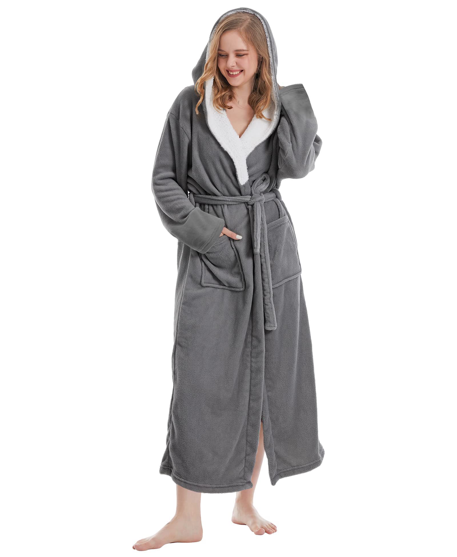 Fluffy Ladies Dressing Gown with Hooded, Super Soft Loungewear Robe for Women, Dressing Gowns for Women UK Bathrobe