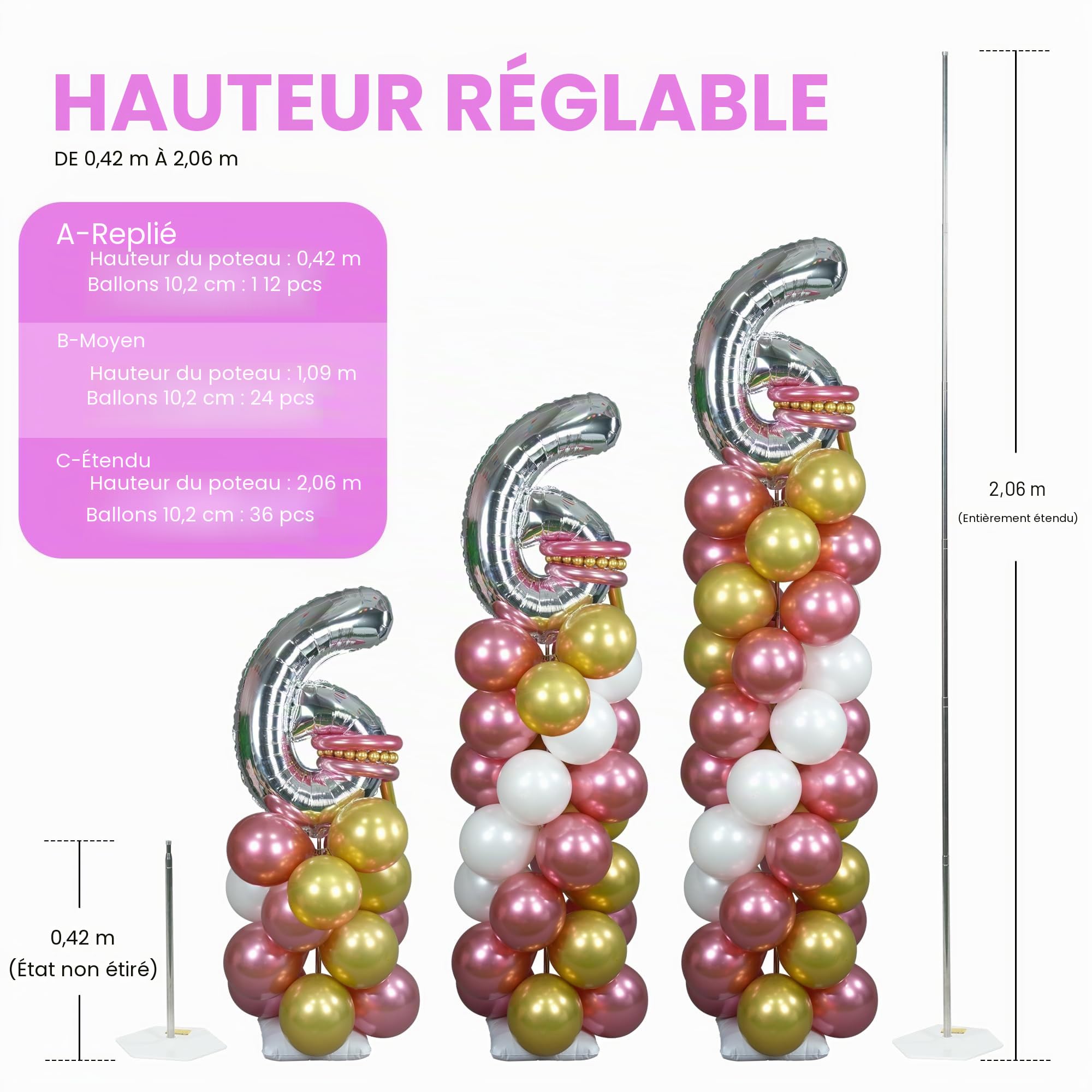 Lot de 4 supports de colonne de ballons, hauteur réglable jusqu'à 2 m, piquets de sol pour plus de stabilité, réutilisables pour centres de table de ballons lors de fêtes, mariages