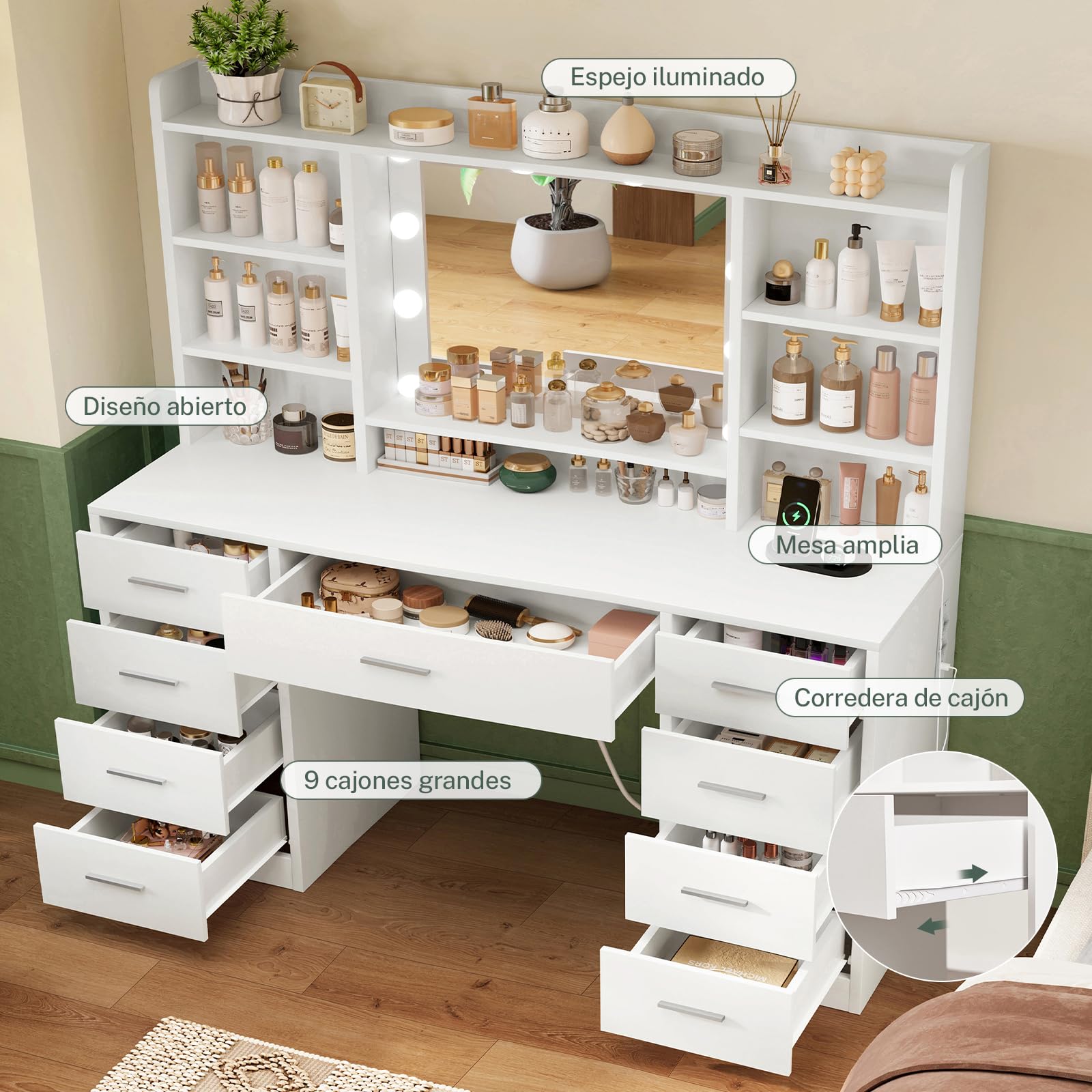 TEENFON Grande Tocador de Maquillaje con Espejo, Luces LED 3 Colores y Brillo Ajustable, Mesa de Maquillaje con Enchufes, Cajones, Estantes Abiertos, Blanco, 9 Cajones y 6 Estantes Abiertos