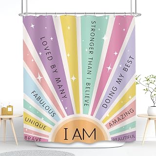 SVBright Boho Sun Shower Curtain 60Wx72L Inch Rainbow Colorful Quotes Retro 70s Cute Inspirational Words Motivational Girls Woman 12 Pack Hooks Polyester Waterproof Fabric Bathroom Bathtub Panels