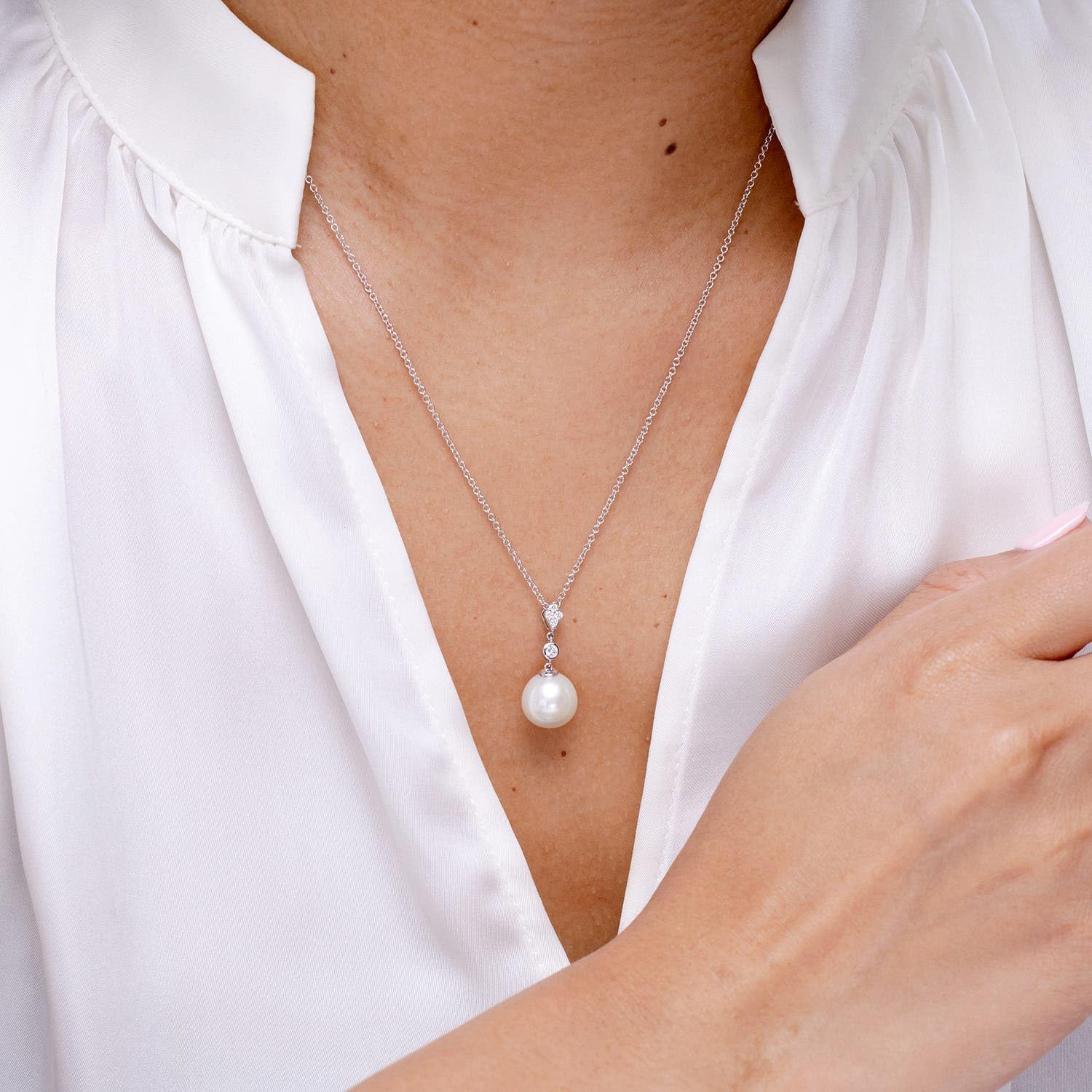Angara Freshwater Pearl Pendant for Women | Round Freshwater Cultured Pearl Diamond Drop Pendant Necklace in 14K Solid Gold/Platinum With 18" Chain | June Birthday, Gemstone Jewelry Gift