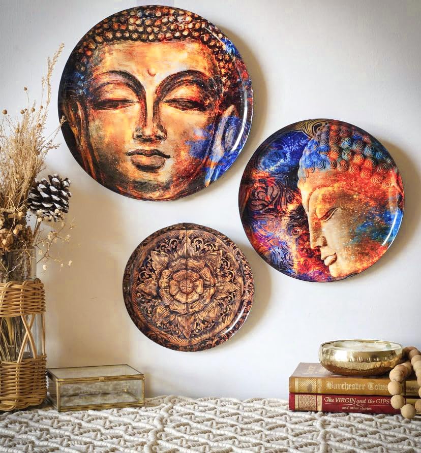 Image of RITUALISTIC Nirvana Buddha Wall Plates Set of 3 - Round Metal Wall Art with Floral Buddhist Painting | 12, 10 & 8 Inch Wall Decor for Living Room, Pooja Room & Meditation Space | Housewarming Gift