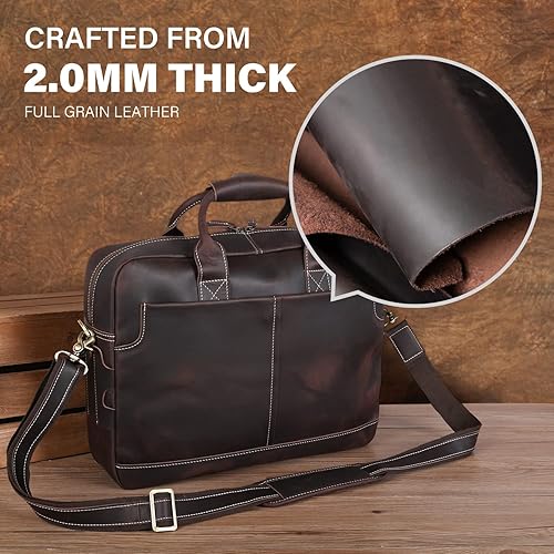 Miniatura 2 de Maletín de cuero genuino para hombre, maletín de cuero de grano completo de 16 pulgadas, bolsa de mensajero con cremalleras de metal YKK (versión