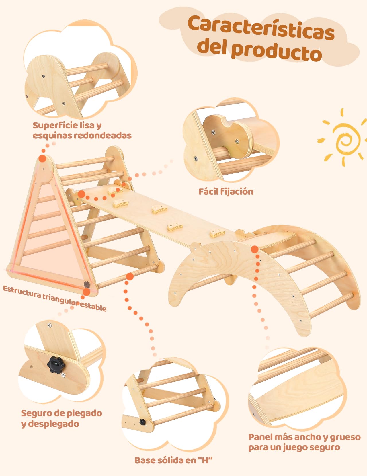 YOLEO Triangle d'escalade, Plegable 3 Piezas Montessori Climbing Frame con Rampa y Arco Balancín, Robusto y Divertido Parque Infantil y Gimnasio para Niños Pequeños 1-6 años