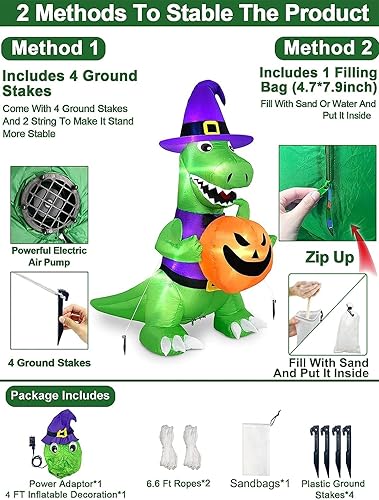 Miniatura 3 de TURNMEON Inflables de Halloween de 4 pies para decoración al aire libre, bruja y dinosaurio que sostiene calabaza con luces LED integradas,