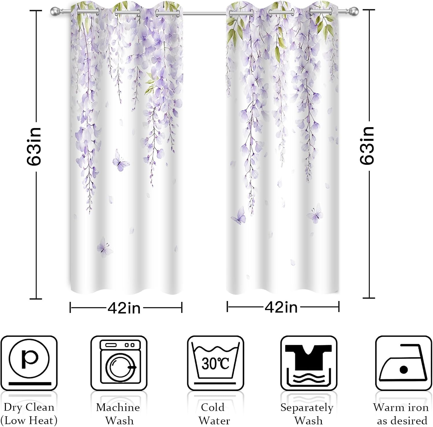 Purple Floral Blackout Curtains Watercolor Flower Botanical Curtain 63 Inches Long Room Darkening Window Drapes for Bedroom Living Room 42x63 Inch,2 Panels