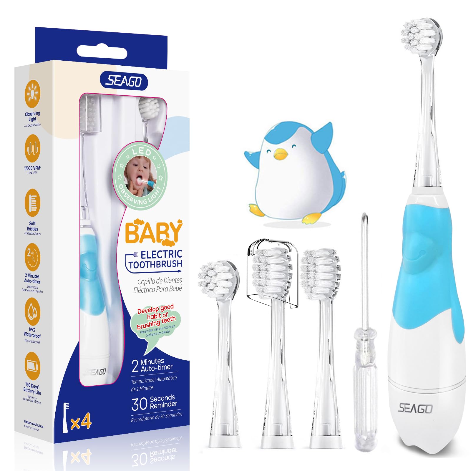 Baby Toothbrush Age 0-2-3 Years Old Electric Toddler Kids Battery Powered Sonic Tooth Brush with Timer LED Light and 4 Soft Brush Heads for 6 Months and Up SG513 (Baby Blue UK)