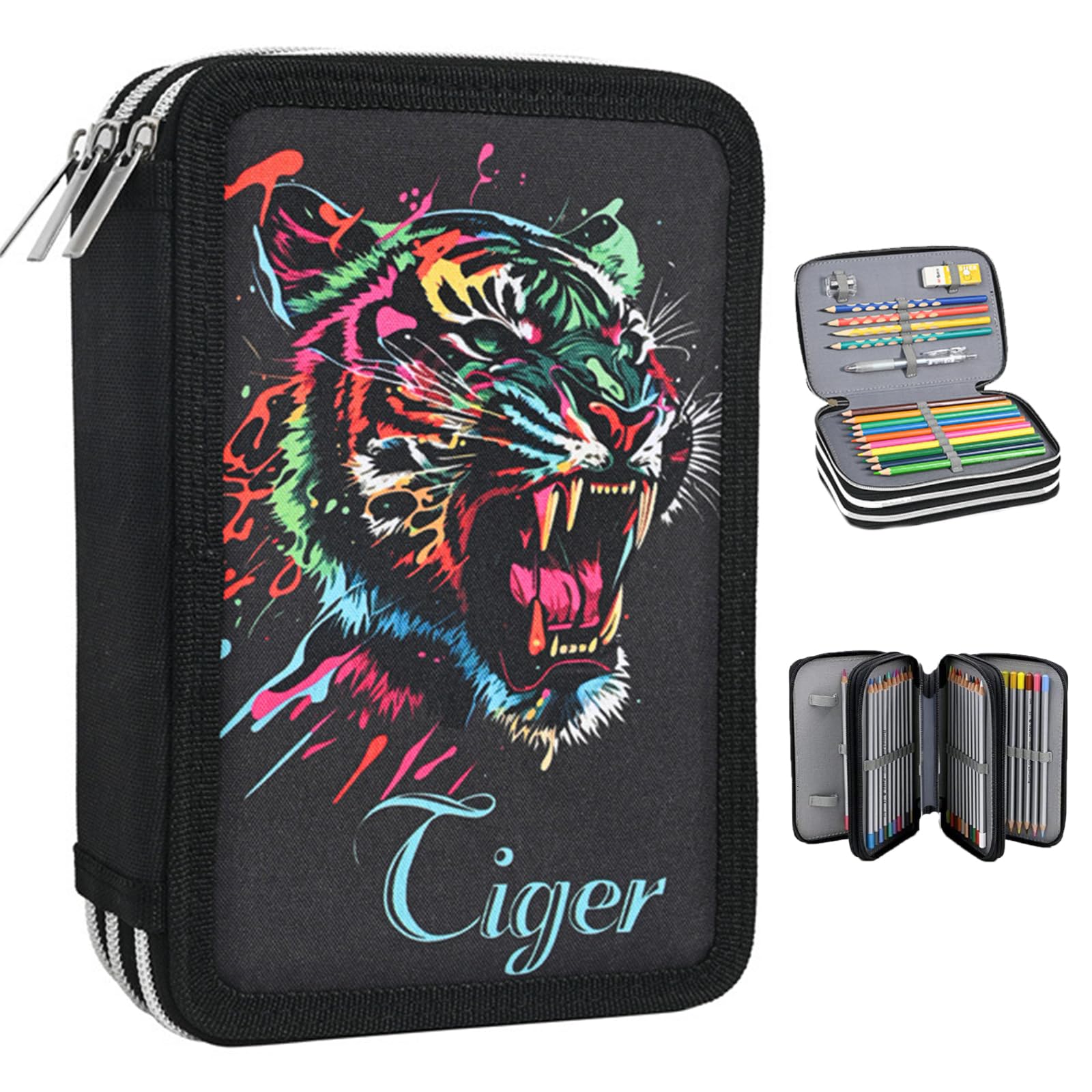 Veroa Large Pencil Case for Boys with 3 Compartments - 57 Pockets Large Capacity Black Animal Pencil Cases - for School,Teenagers,Kids,Boys,Girls — image 1
