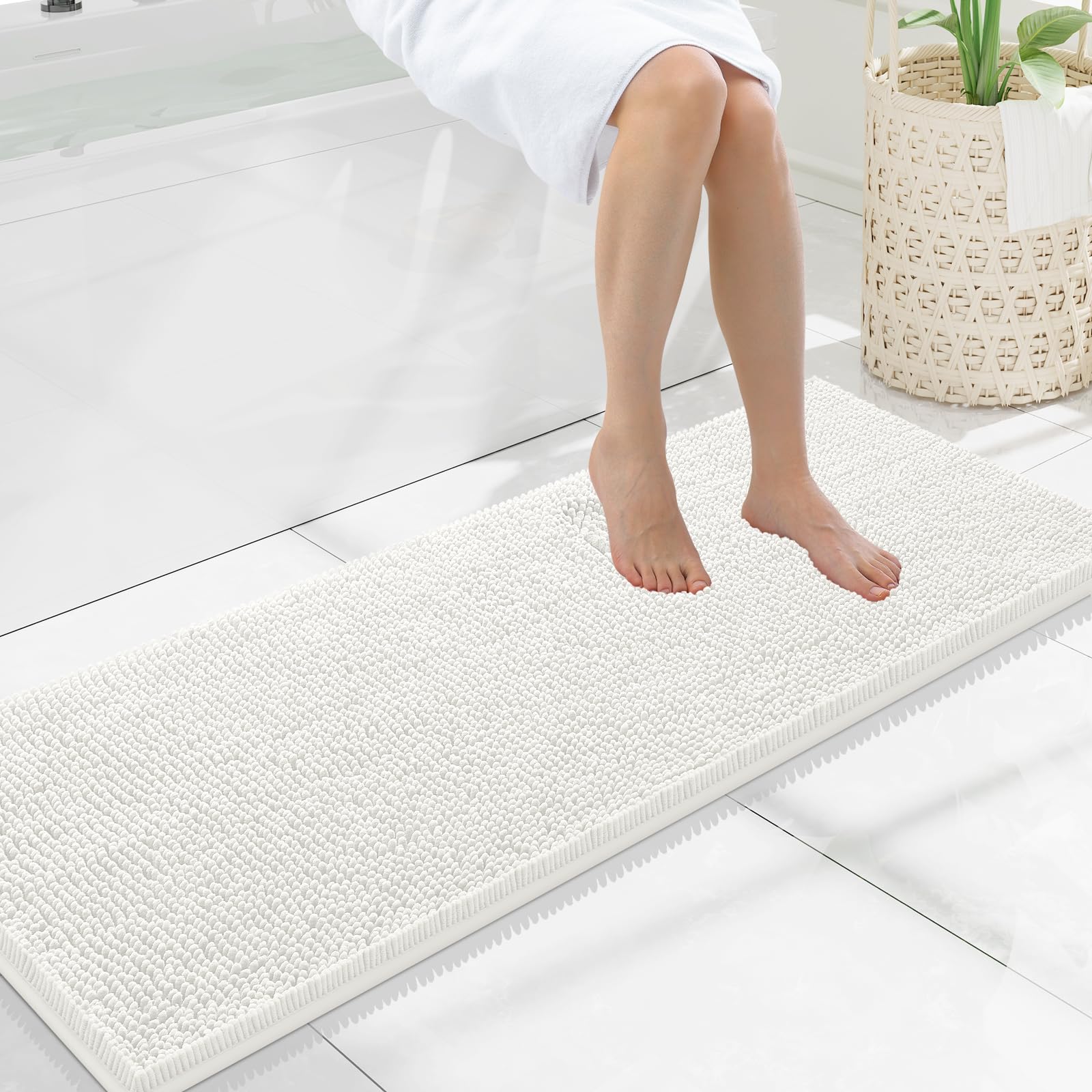 Smiry Luxury Chenille Bathroom Rugs 47x17, Extra Soft and Absorbent Shaggy Bath Mat, Machine Washable, Non-Slip Plush Carpet Runner for Tub, Shower,