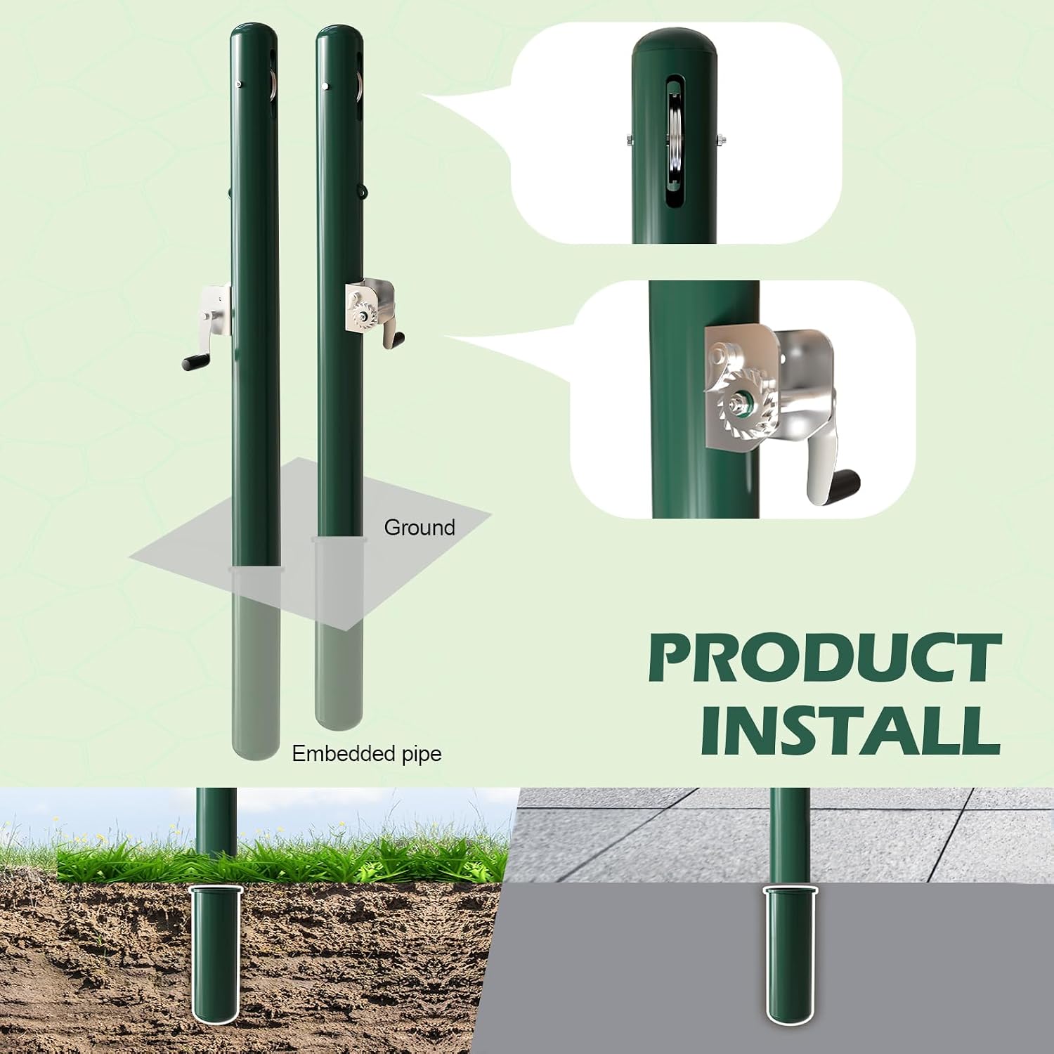 Tennis Posts Cylindrical Double-Sided Tennis Stringing Reel Suitable for Grass/Hard Courts Permanent Steel Tennis Net Posts with Green Rust-Proof Coating Tennis Court net Posts (3" Round)