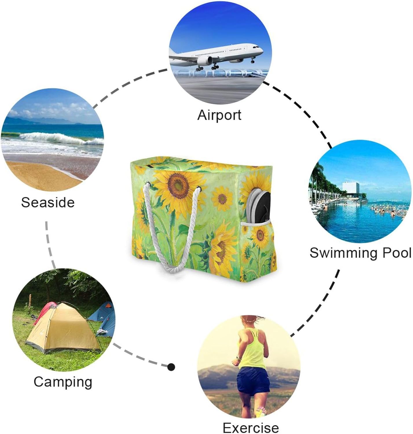 OTVEE Oil Painting Sunflower Pattern Beach Bags for Women Ladies Large Canvas Tote Shoulder Bag Waterproof Travel Bags for Gym Swim Pool Camping