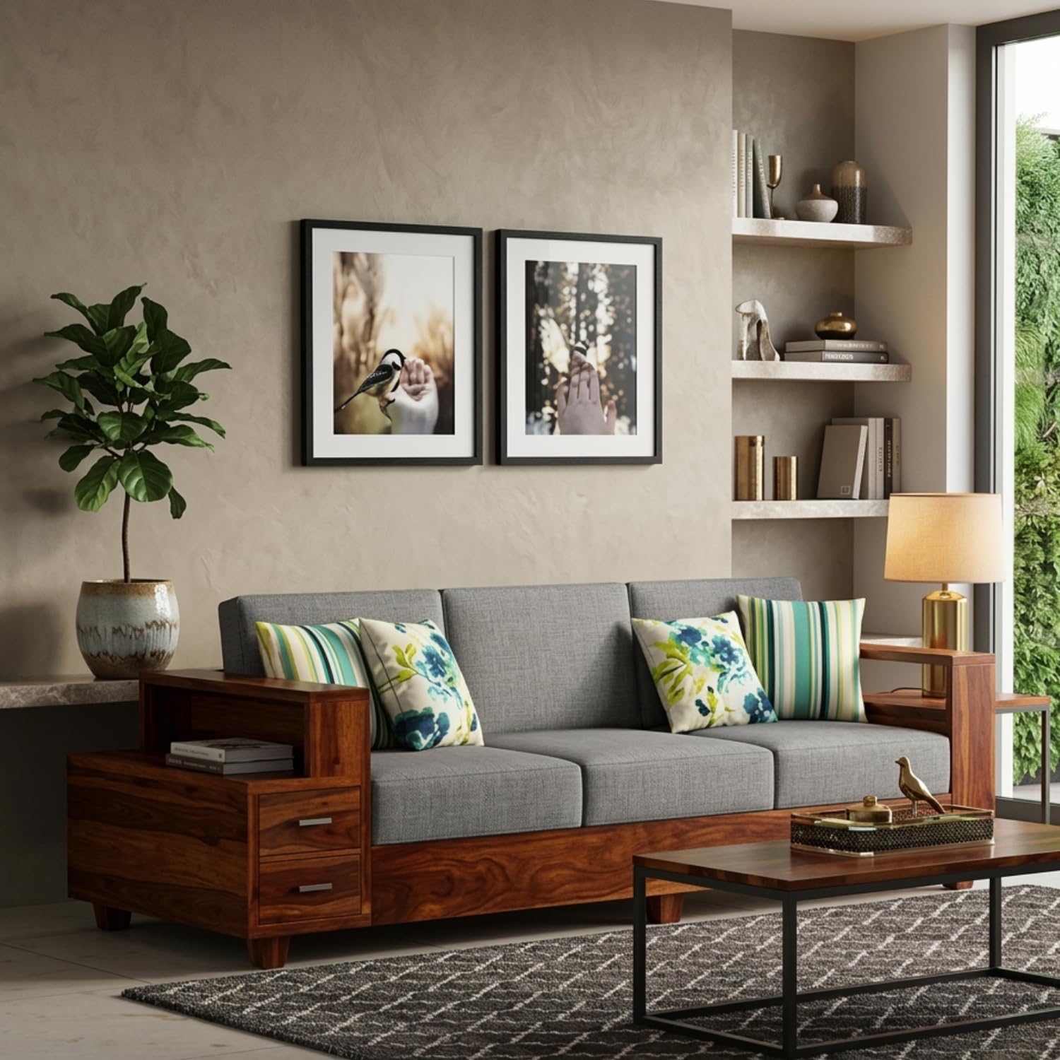 NAVYA FURNITURE Solid Sheesham Wood 3‑Seater Sofa with Attached End Table, Shelf & 2 Drawers – Living Room Wooden Sofa Set (Teak Finish, 40″ L × 30″ W)-picture-10