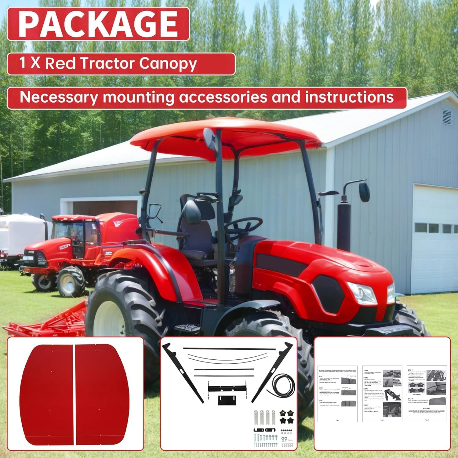 HECASA Red Canopy Compatible With All ROPS 48-3/8" X 48-3/8" Equipped Tractors and Mowers With 2" x 2" or 2" x 3" ROPS (Adds About 4" to Tractor Height)