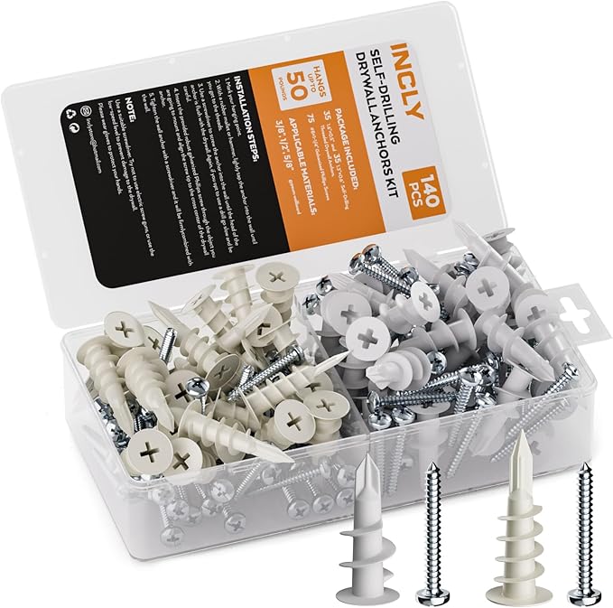INCLY 140 PCS 8 Drywall Anchors Kit Self Drilling, 70 Plastic Dry Wall