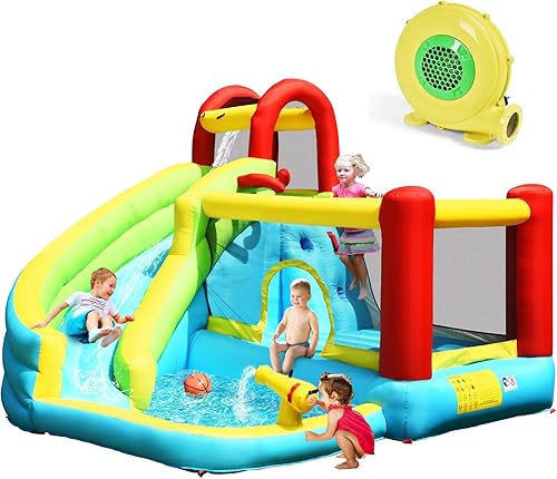 KOTEK Tobogán acuático inflable, tobogán acuático inflable con castillo hinchable de salto, tobogán largo, pared de escalada y piscina de chapoteo,