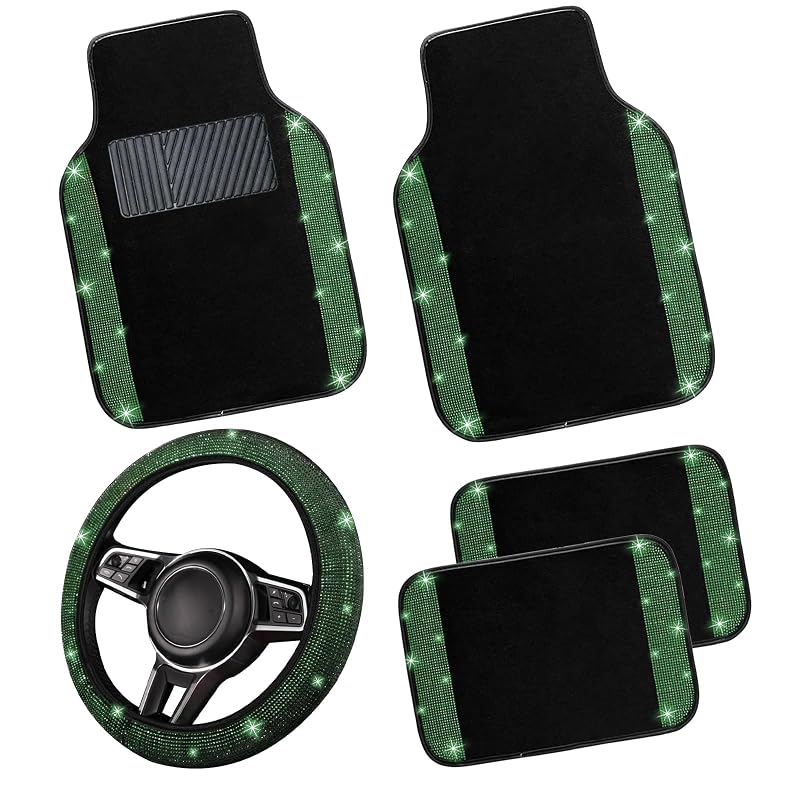 NBTEPEM Kit de tapetes automotivos com capa para volante, acabamento com brilho e cor verde, 5 peças