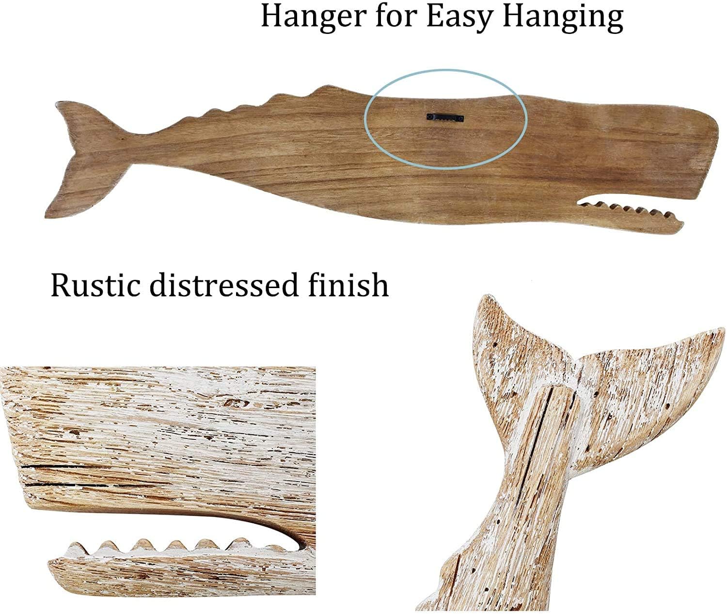 Hanging Wooden Whale Wall Art Ornament, Rustic Decorative Figurine Carving Sculpture, Nautical Ocean Beach Coastal Themed Home Decor Sign - 29.5''H