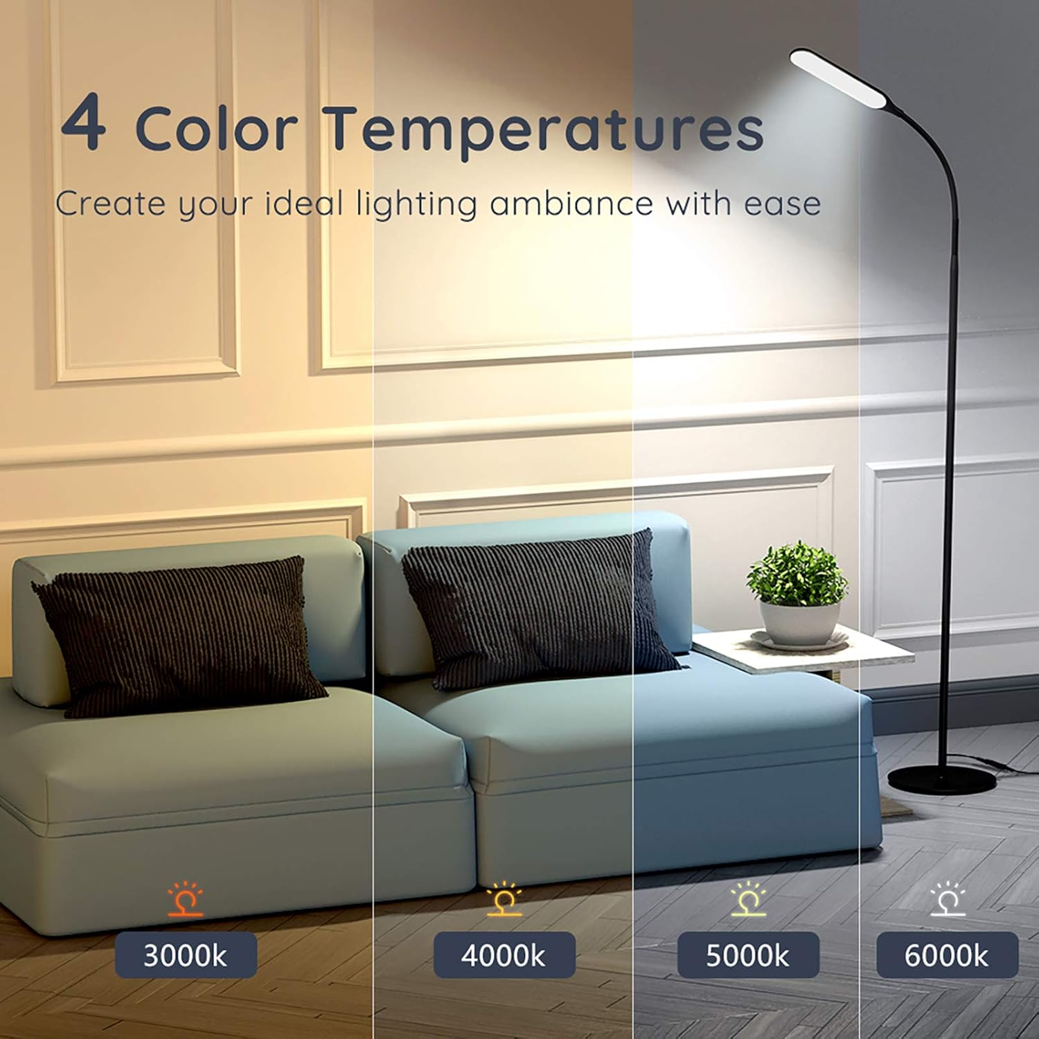 Govee Led Floor Lamp, Standing Lamp with 4 Color Temperatures Brightness Levels, Dimmable Modern Reading Lamp with Adjustable Gooseneck, for Reading, Living Room, Bedroom, Piano, Painting - - 