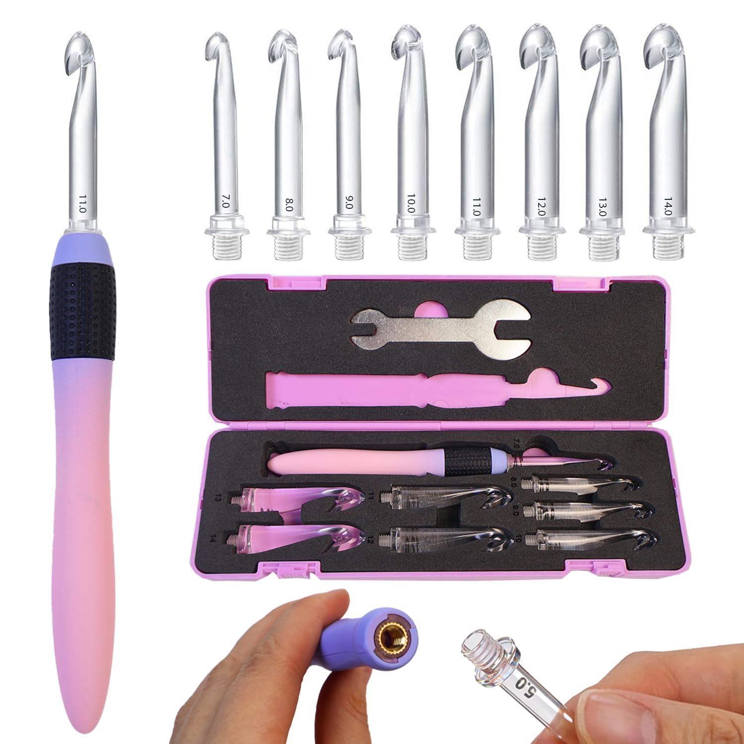 Yarniss Interchangeable Crochet Hooks with Screw Handle,8 Size Ergonomic Crochet Hooks with Comfortable Handle 2.5~6.5mm,Gradient Purple — view 8