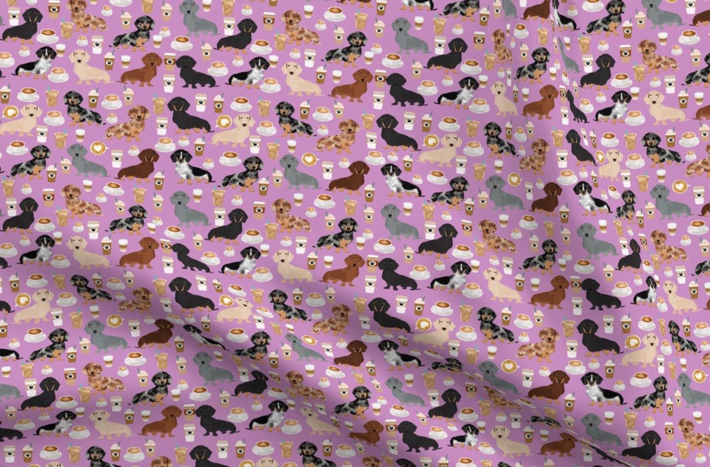 Spoonflower Fabric - Dachshund Coffee Coffees Purple Dog Dogs Latte Food Pet Portrait Printed on Organic Cotton Sateen Fabric by The Yard - Sewing Quilting Apparel Home Decor