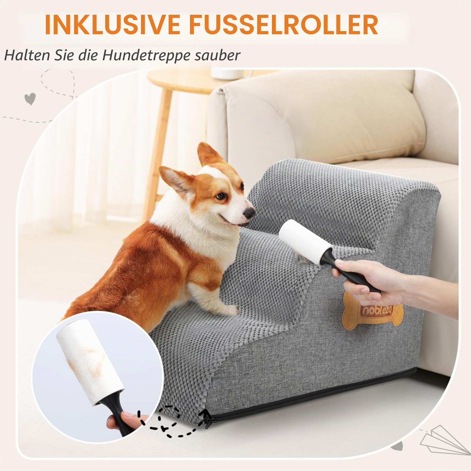 Nobleza Hundetreppe für Kleine Hunde, 3 Stufen Hundetreppe Schwamm Hunderampe Haustiertreppe für Hunde mit Fusselrolle