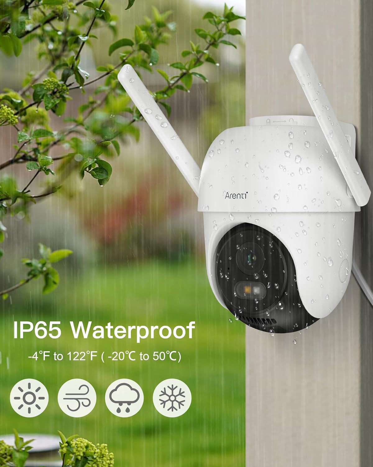 Arenti OP1 camera in rain, highlighting IP65 waterproof rating