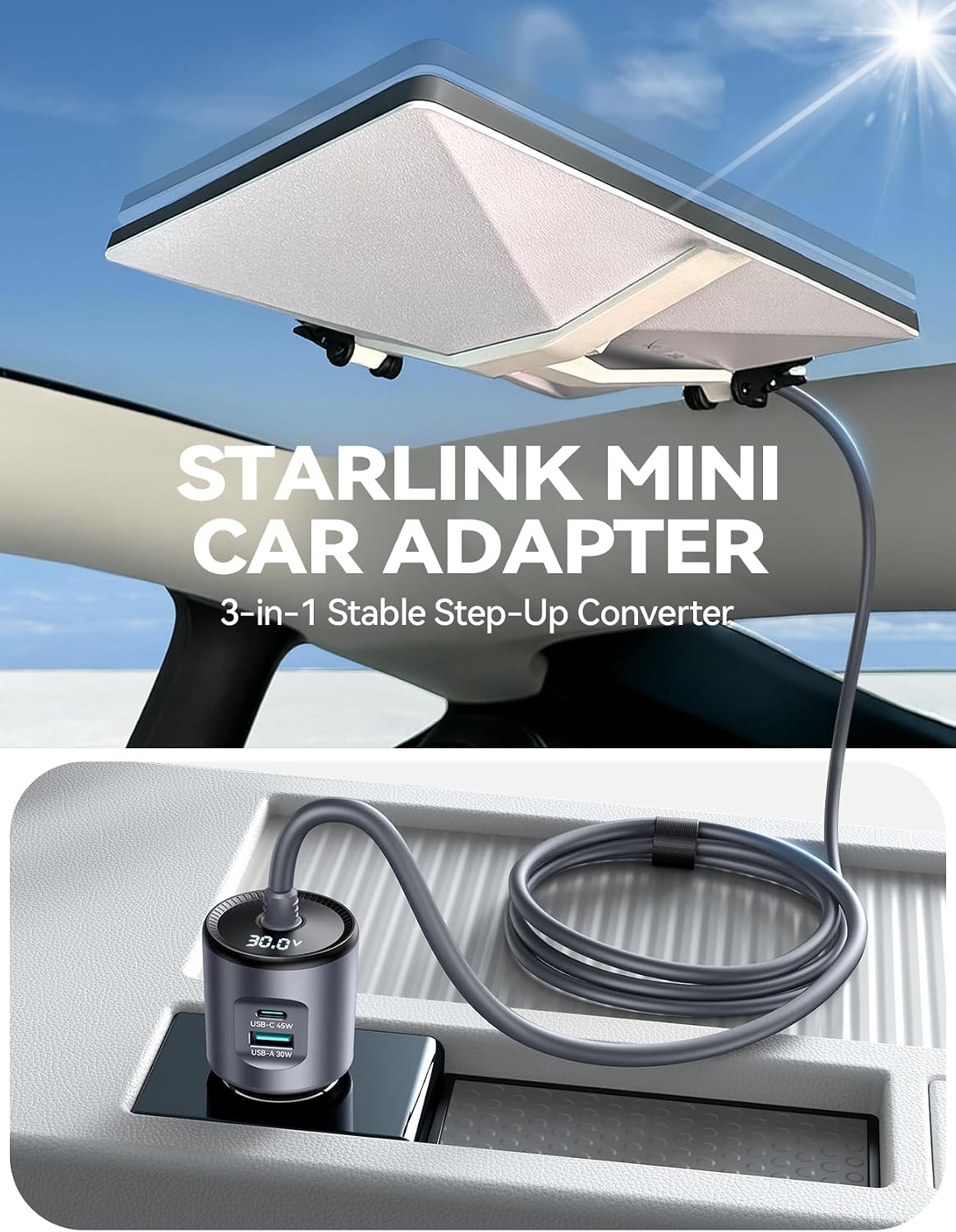 JOYROOM Starlink Mini Car Adapter, 12V-24V to 30V DC Step-Up Converter, 3-in-1 Ultra Stable Starlink Mini Car Charger with Voltage Display & Dual-Port USB Fast Charging for Cars, RVs, Trucks, Boats