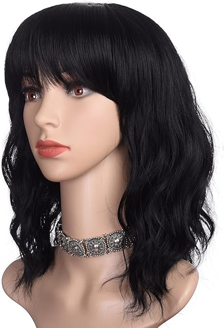 Short Black Bob Wig with Fringe for Women 16 Inches Wavy Natural Synthetic Hair Bangs Wigs (Natural Black)
