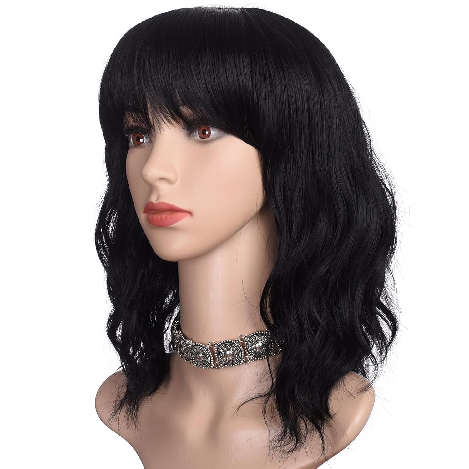 morvally Short Black Wavy Bob Wig with Bangs for Women 16 Inches Natural Synthetic Hair Wavy Wigs morvally Short Black Wavy Bob Wig with Bangs for Women 16 Inches Natural Synthetic Hair Wavy Wigs