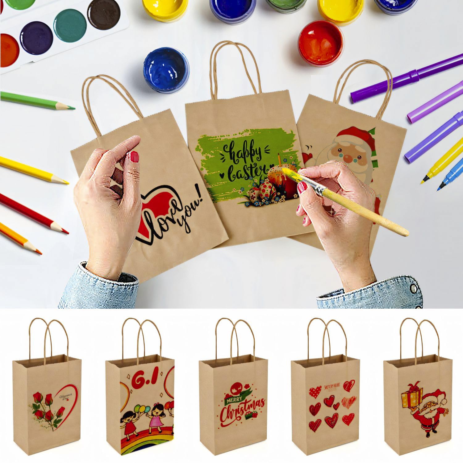 MAOOY 100 Pezzi Sacchetti Carta Con Manici, Sacchetti Di Carta 15 X 8 X 21 cm, Shopper Carta,Sacchetti Regalo, Buste Regalo per Imballaggio, Spesa, Dolciumi, Feste, Matrimoni, Compleanni, Natale