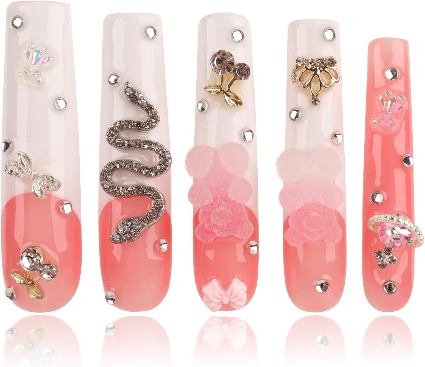 Handmade Long Acrylic Nail Tips, Pink Press on Nails with Full Covered Crystals, Fake Luxury Diamond Nails, Long Square False Nails, Gifts for Women, Reusable Stick On Nails 10Pcs,Light pink Size L